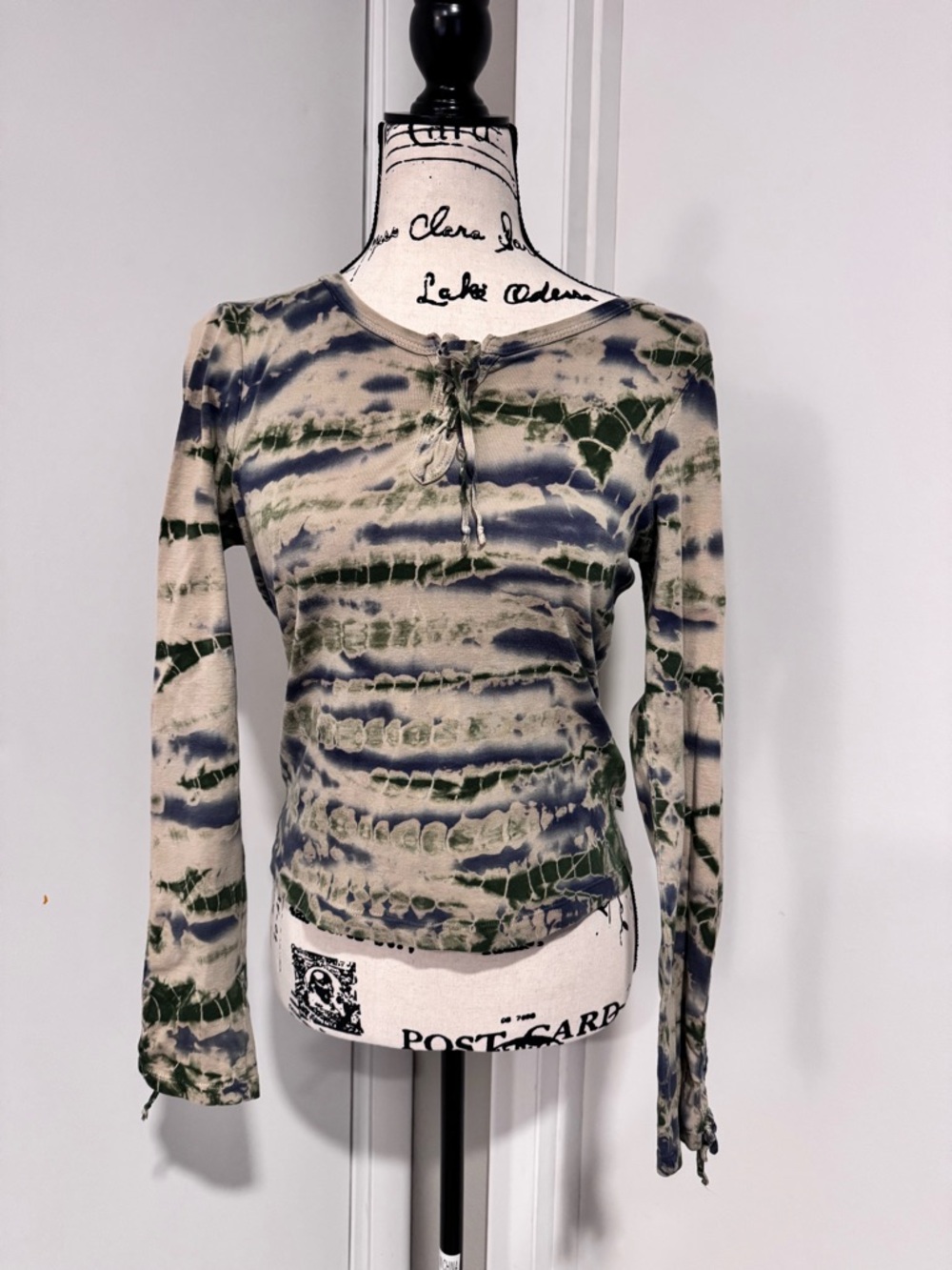 Lucky Brand Tie-Dye Long Sleeve Scoop Neck Top - Green & Navy